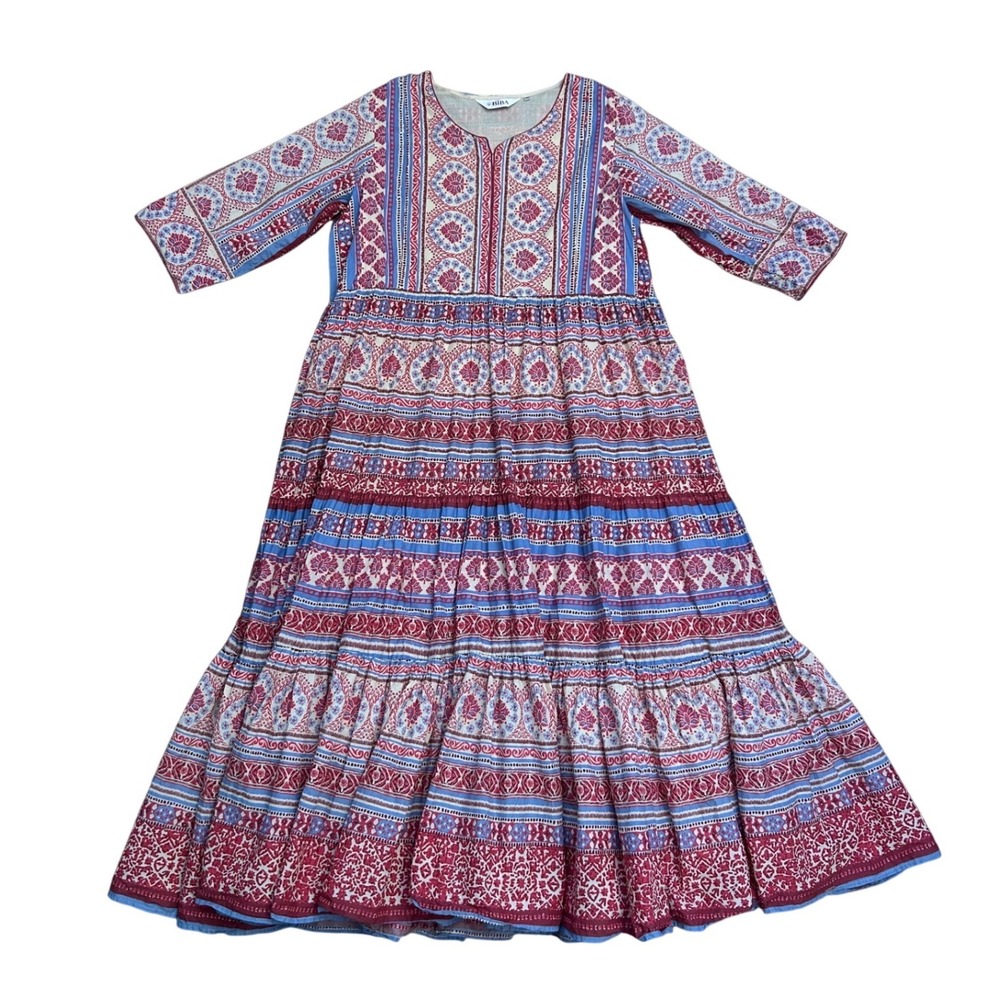 Biba Red Blue Block Print Cotton Tiered Maxi Dress india 46 Boho Cottage Prairie